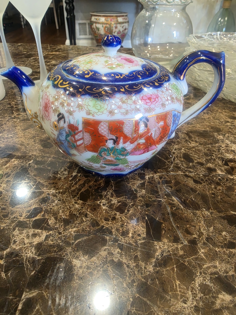 Source Unknown Blue and Multicolor Porcelain Decorative Teapot